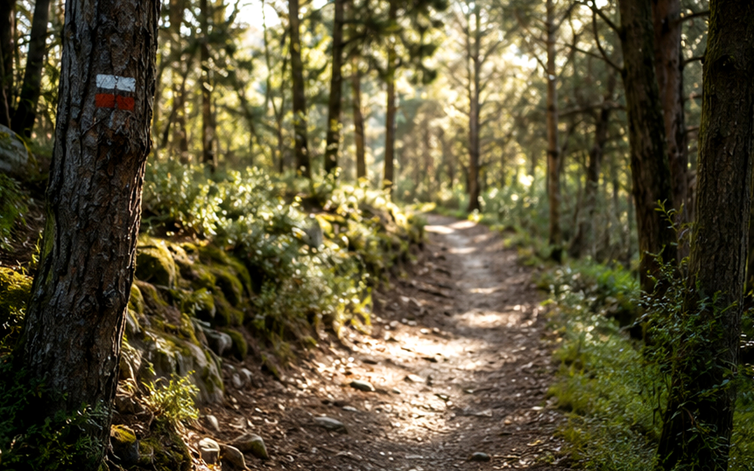 A distinct woodland path curving through sunlit trees