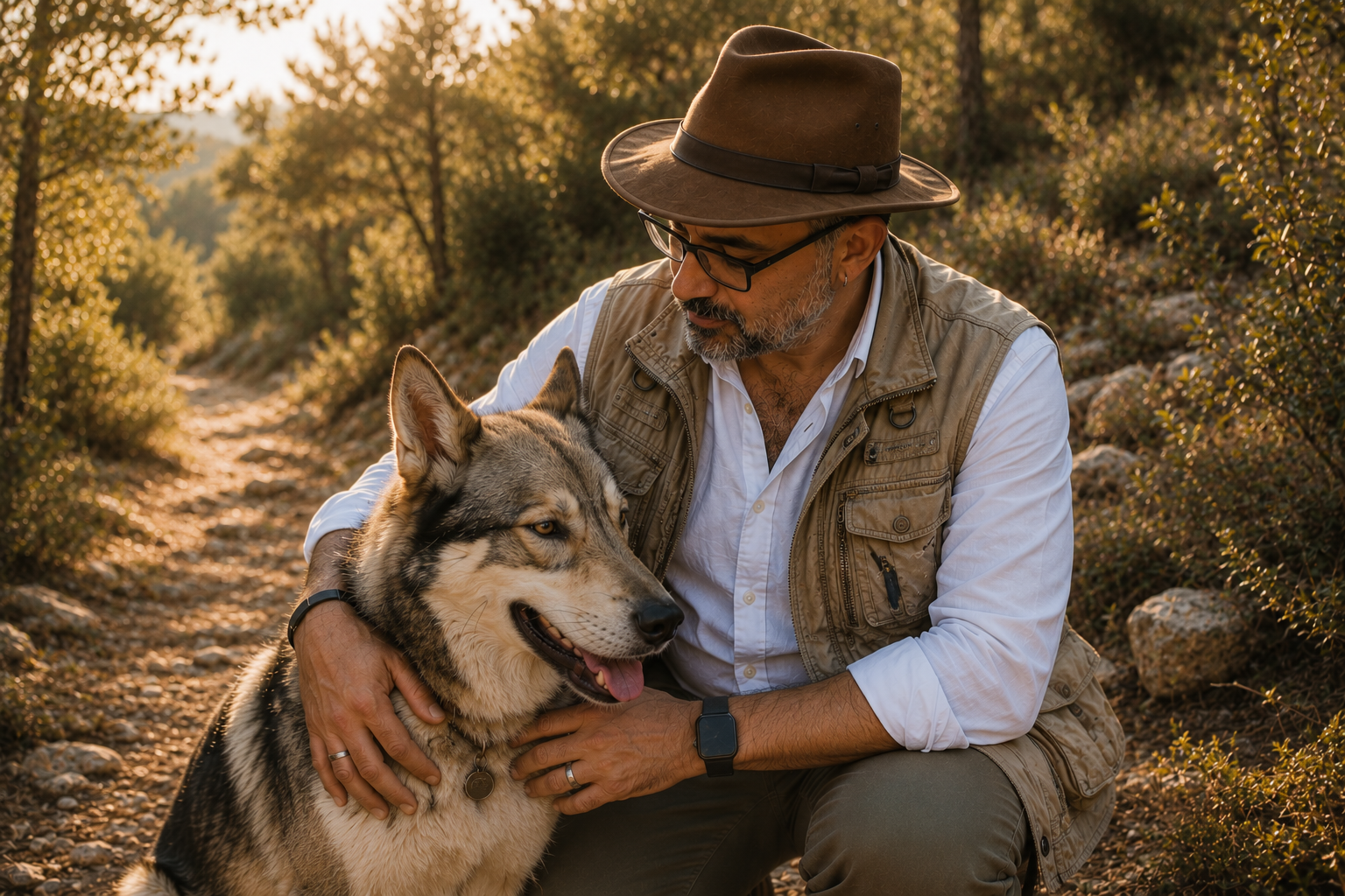 Steven beside a wolfdog on a warm woodland path, travelling alongside one another