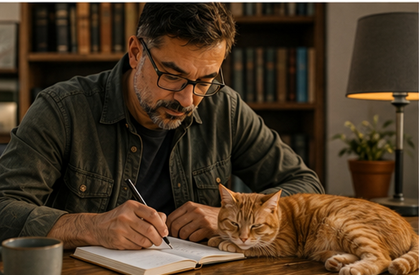 Steven writing at his desk while his much-loved ginger cat rests beside him